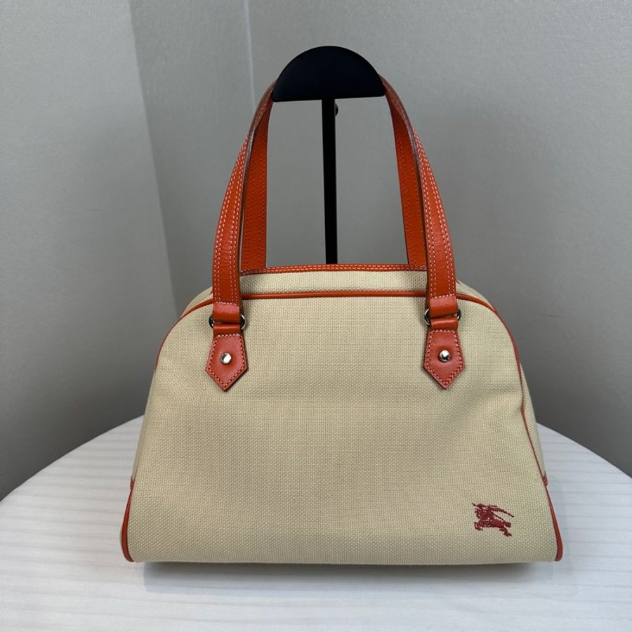 Burberry Blue Label 藍標帆布配橙色皮革滾邊手提包波士頓包29x16x20cm-0