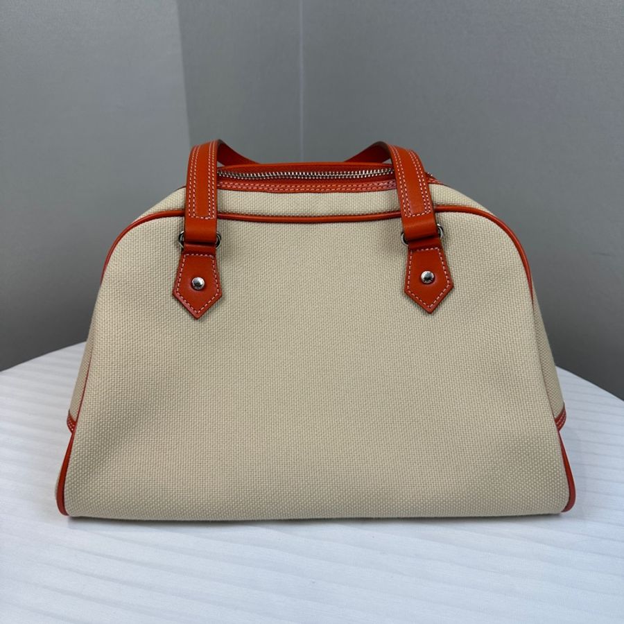 Burberry Blue Label 藍標帆布配橙色皮革滾邊手提包波士頓包29x16x20cm-1