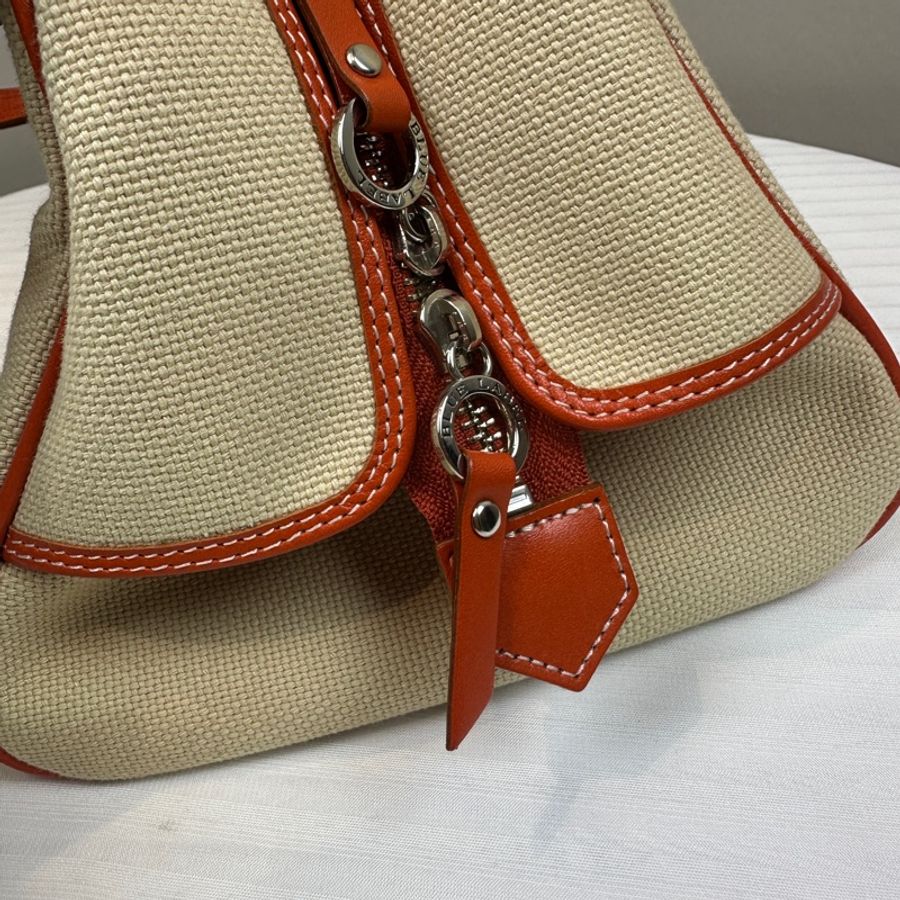 Burberry Blue Label 藍標帆布配橙色皮革滾邊手提包波士頓包29x16x20cm-6