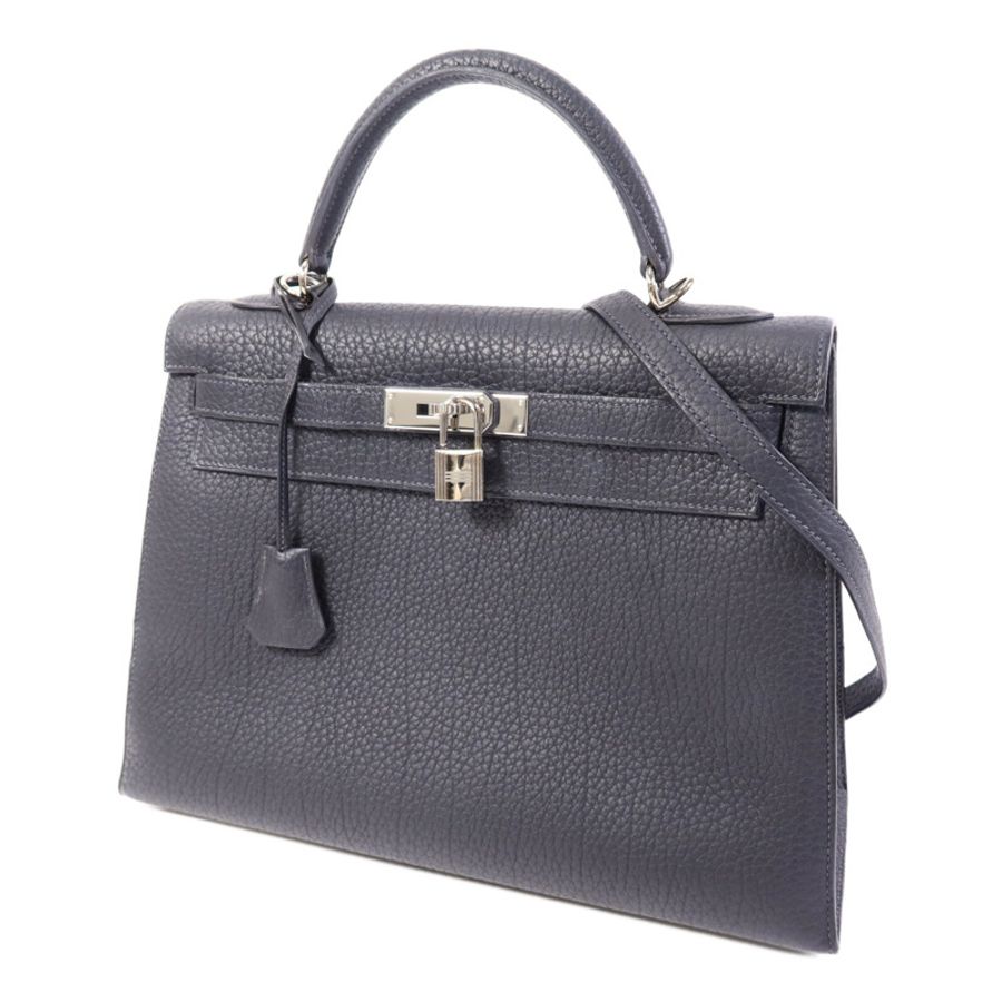 HERMES Fjord皮革Kelly 32銀扣手挽肩背兩用袋Navy-2