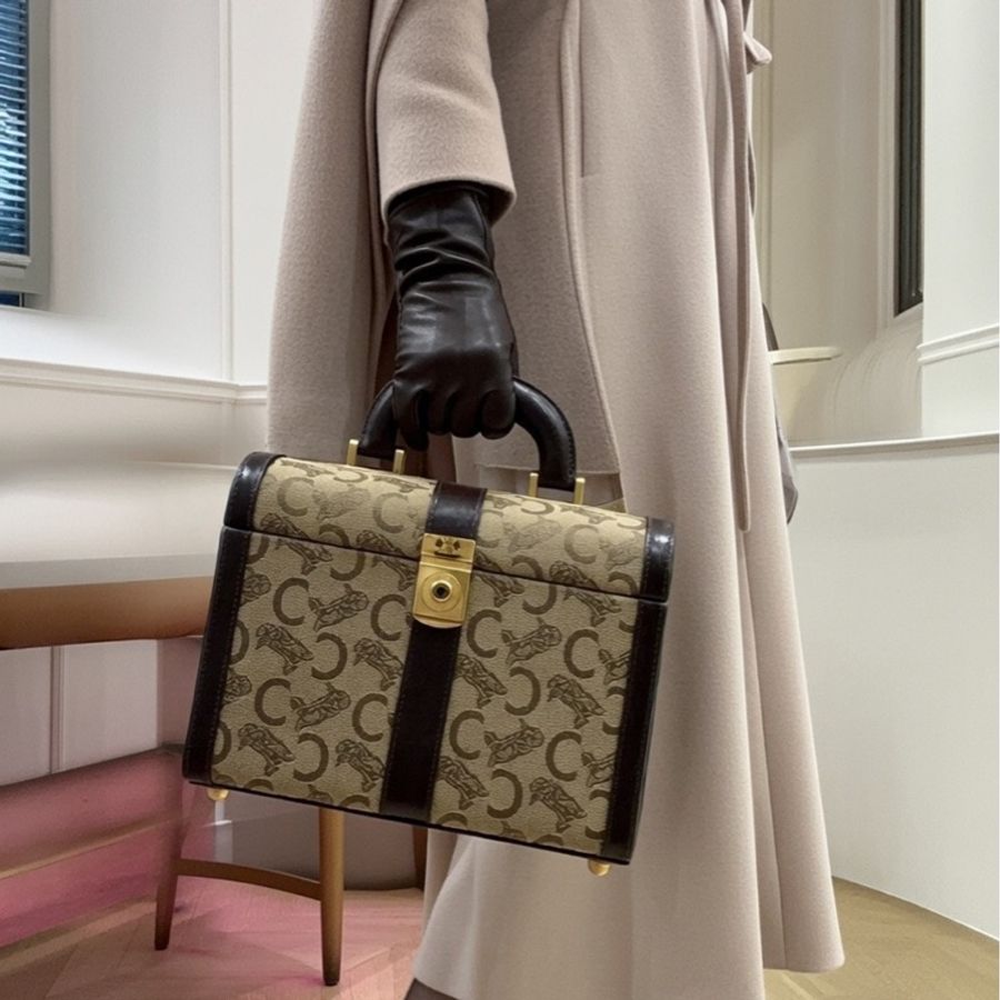 Celine 收藏品級 馬車老花手提化妝箱 棕色 真皮 思琳 手提包-20