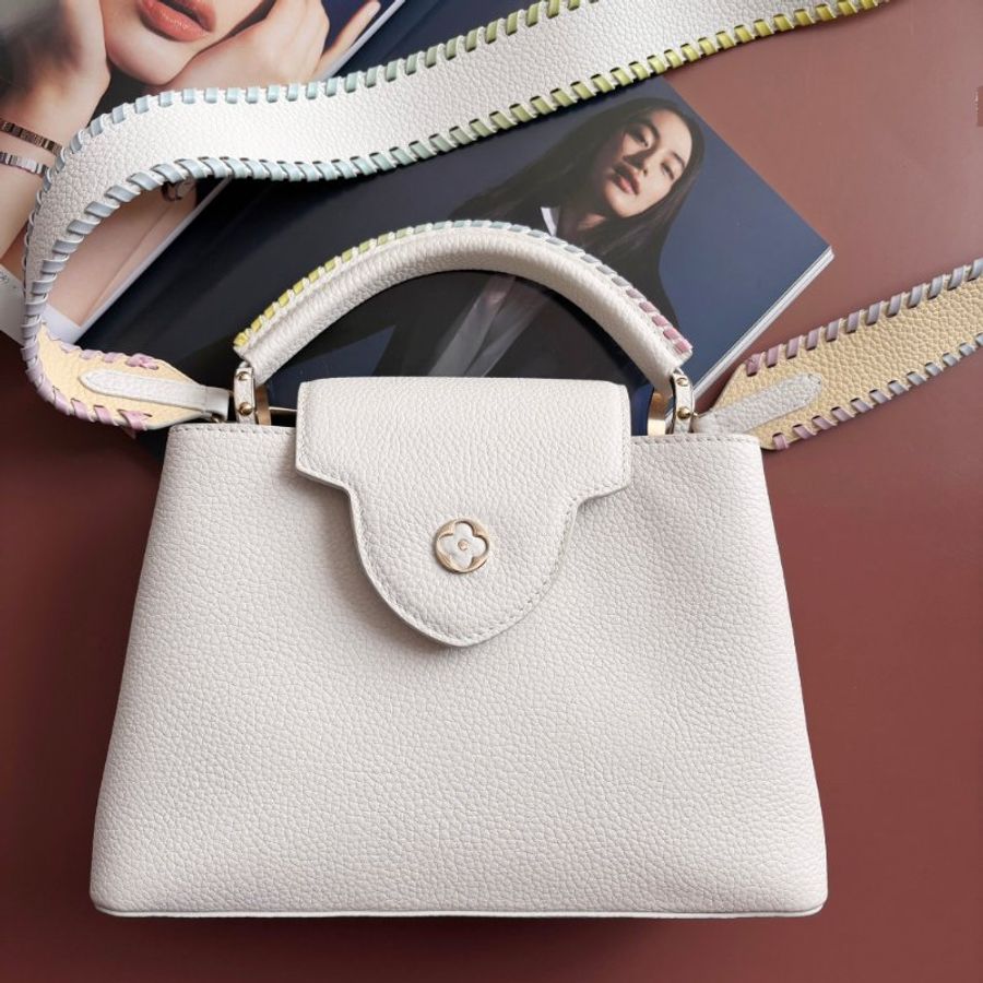 限定款 ::Louis Vuitton:: M59883 Capucines BB 米白x鵝黃色 手提包 斜背包 兩用包 彩色背帶-4