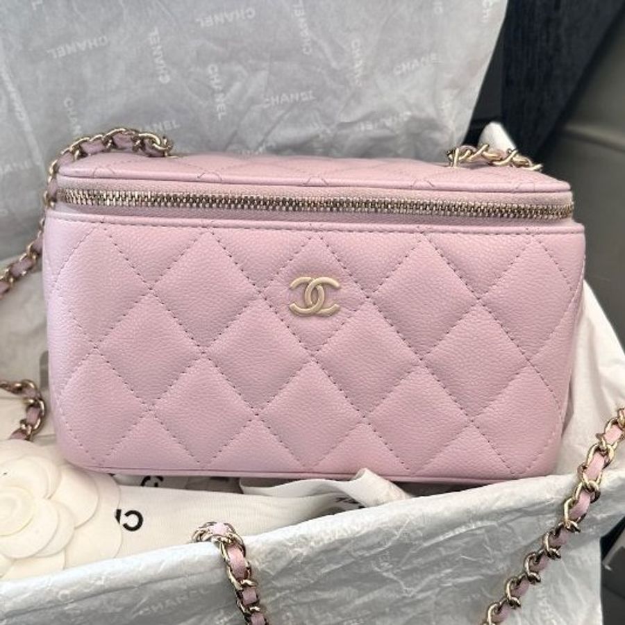 閒置新 香奈兒Chanel粉色長盒子化粧盒 帶鏡子-5