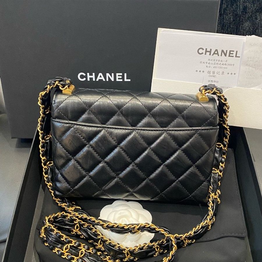 芯片款 Chanel香奈兒19bag繫列黑金牛皮風琴包鏈條荳腐包-1