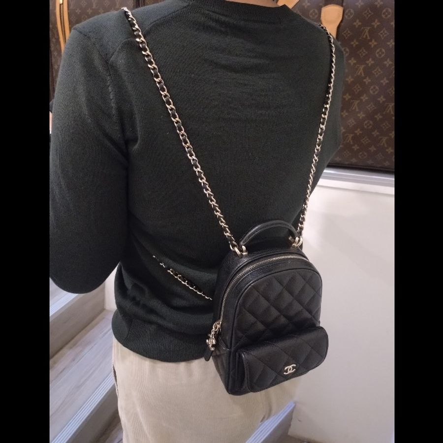 Chanel 金鍊黑荔枝皮三用小書包-4