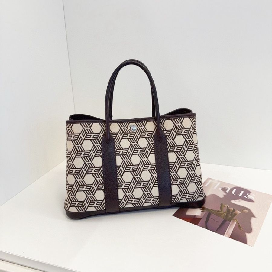 Hermes 烏木色稀有絕版多邊「H」幾何 格紋GardenParty Gp30帆布拼皮花園包 30*15*23 98新配件塵袋-6