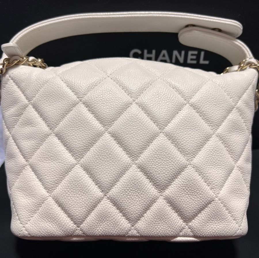 CHANEL 香奈兒 25C 雙C LOGO 菱格紋小牛皮hobo 飯盒包手提/斜背包(白色)-6
