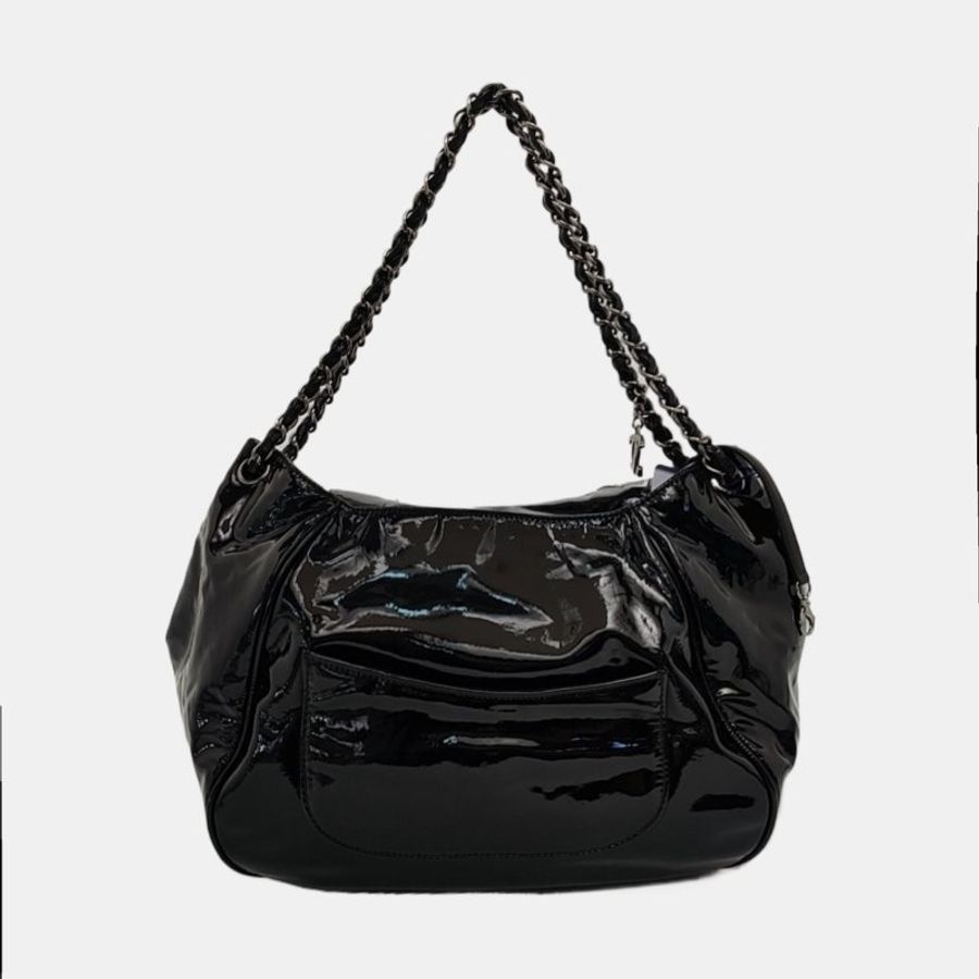 CHANEL黑色牛皮浮雕單肩包手提包銀色五金14開-4