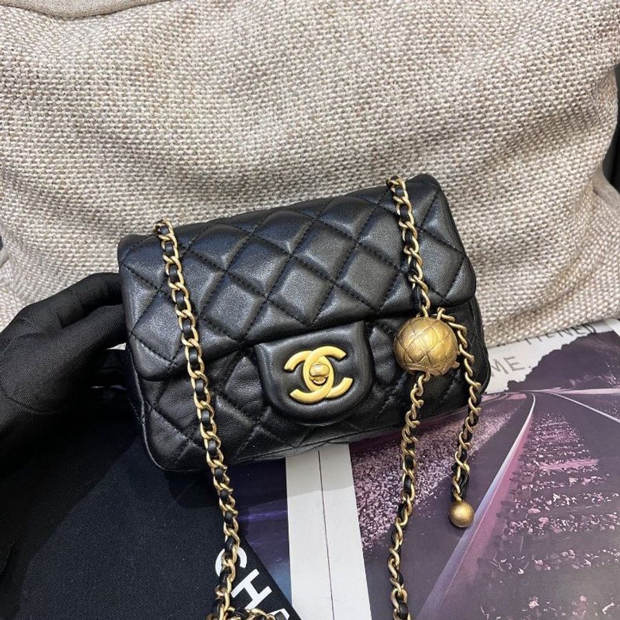 芯片款 香奈兒CHANEL黑金方胖子金球羊皮鏈條包-5