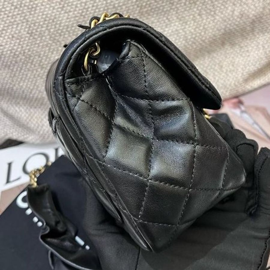 限定款 香奈兒CHANEL黑金荷葉邊方胖子菱格鏈條包-3