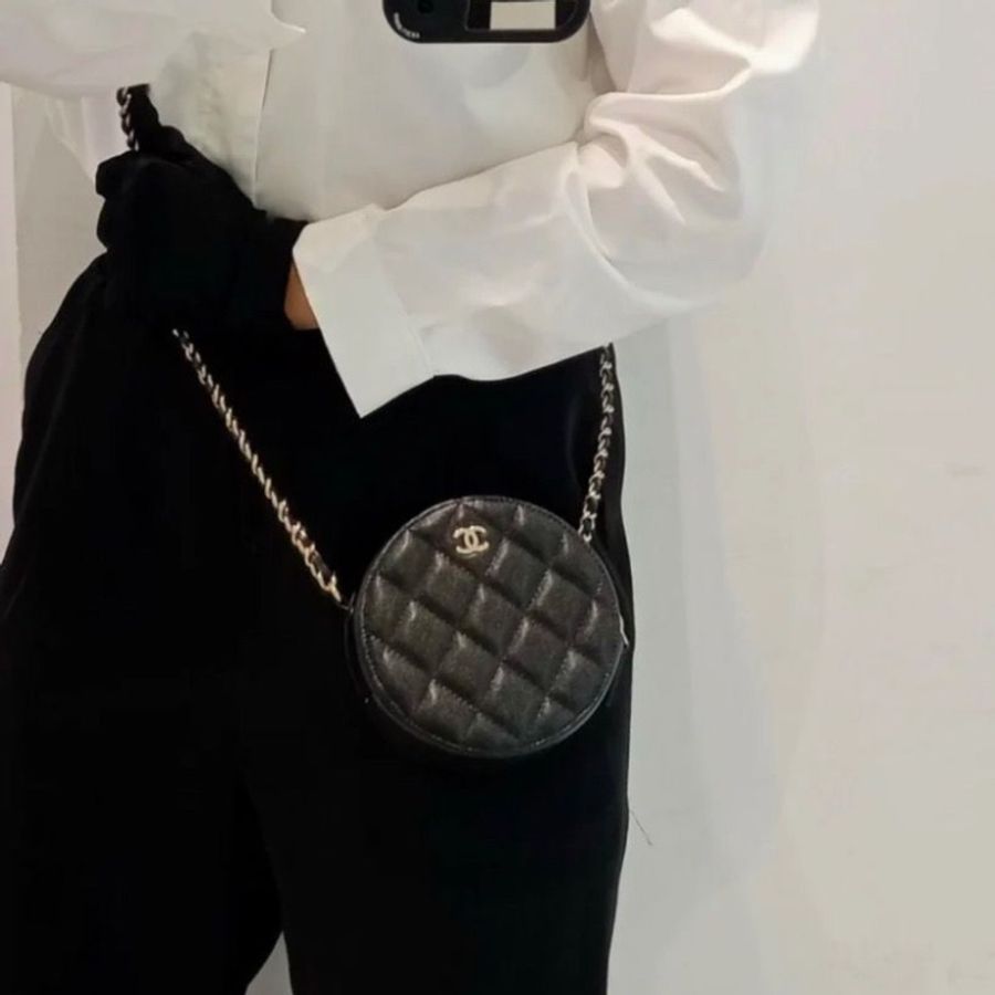 Chanel 黑金荔枝牛皮小圓餅 鏈條包 12*6 近新閒 置配件塵袋盒子保卡-0