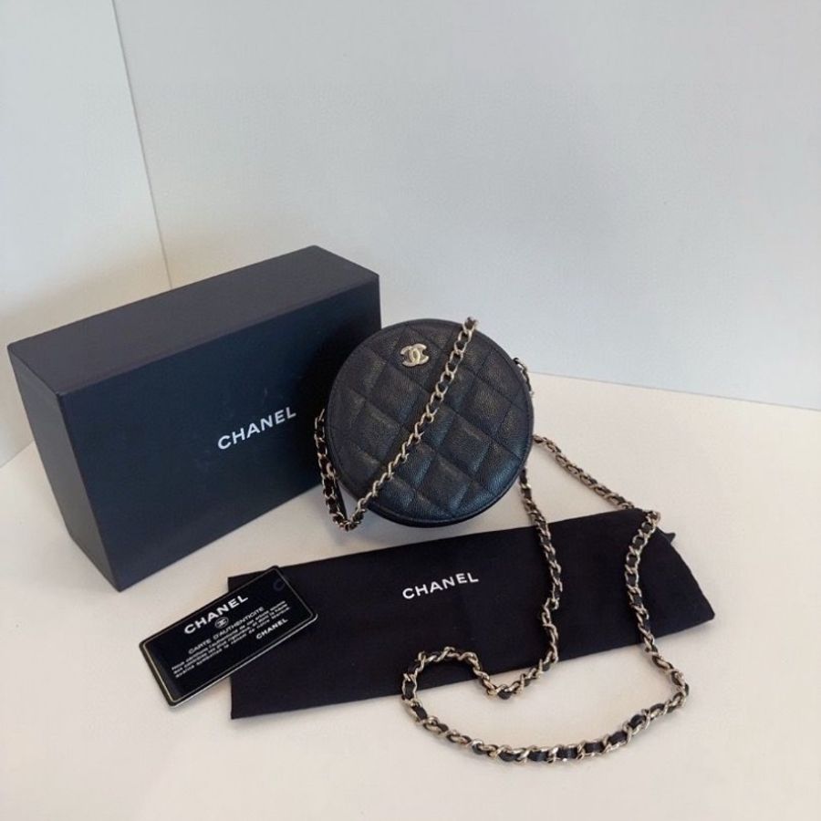 Chanel 黑金荔枝牛皮小圓餅 鏈條包 12*6 近新閒 置配件塵袋盒子保卡-1