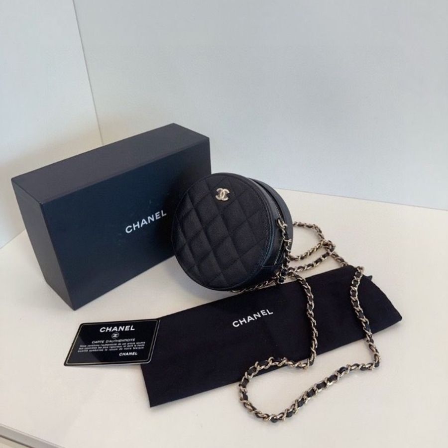 Chanel 黑金荔枝牛皮小圓餅 鏈條包 12*6 近新閒 置配件塵袋盒子保卡-2