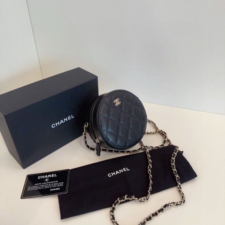 Chanel 黑金荔枝牛皮小圓餅 鏈條包 12*6 近新閒 置配件塵袋盒子保卡-4