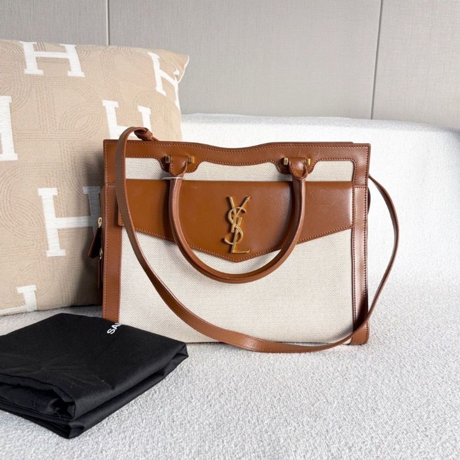 YSL Uptown手提斜背包白色帆布拼棕 金扣31*24*11.5 9新 配件塵袋-1