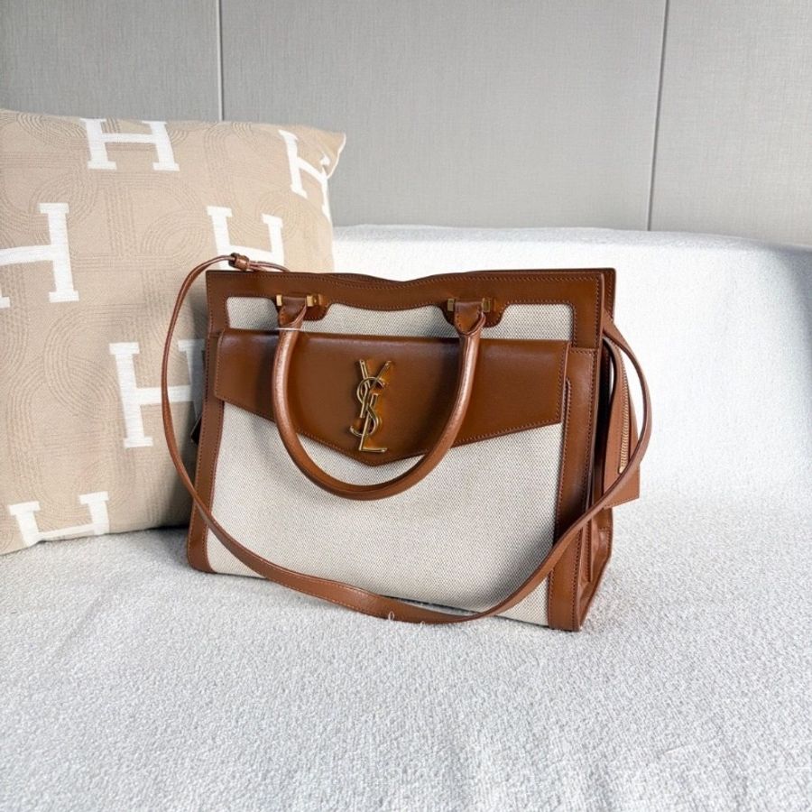 YSL Uptown手提斜背包白色帆布拼棕 金扣31*24*11.5 9新 配件塵袋-2