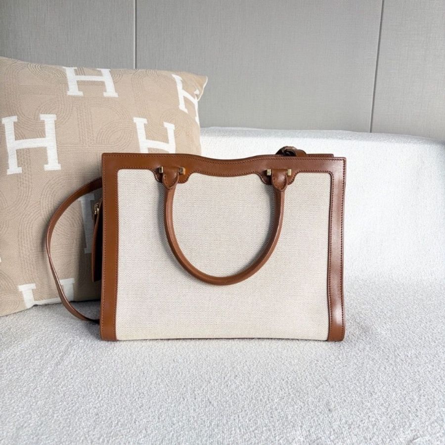 YSL Uptown手提斜背包白色帆布拼棕 金扣31*24*11.5 9新 配件塵袋-3