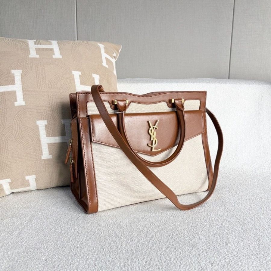 YSL Uptown手提斜背包白色帆布拼棕 金扣31*24*11.5 9新 配件塵袋-4
