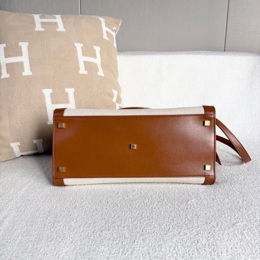 YSL Uptown手提斜背包白色帆布拼棕 金扣31*24*11.5 9新 配件塵袋-5