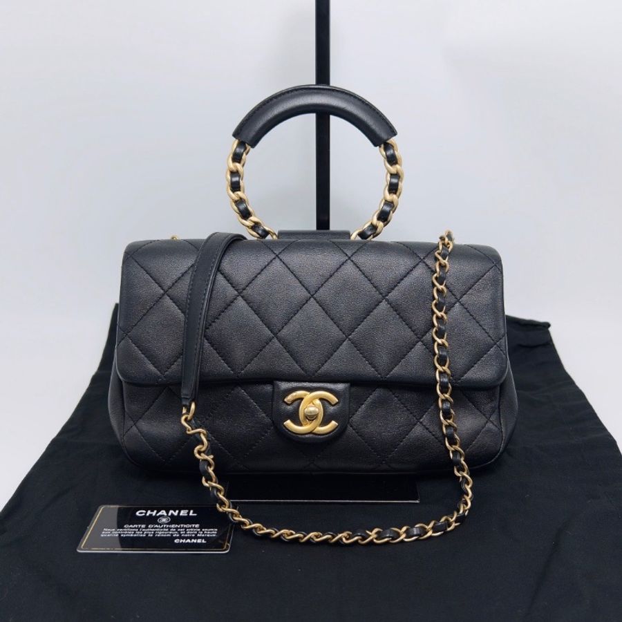 CHANEL 黑金圓環手柄CF手提肩背斜背包25*15*5.5 98新配件塵袋 保卡-1