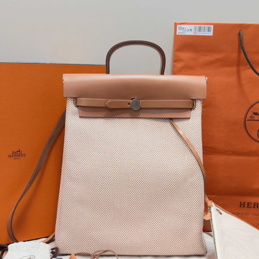 HERMES 帆布拼皮竪版herbag後背包29*35*11 99新配件盒子塵袋鑰匙鎖-1