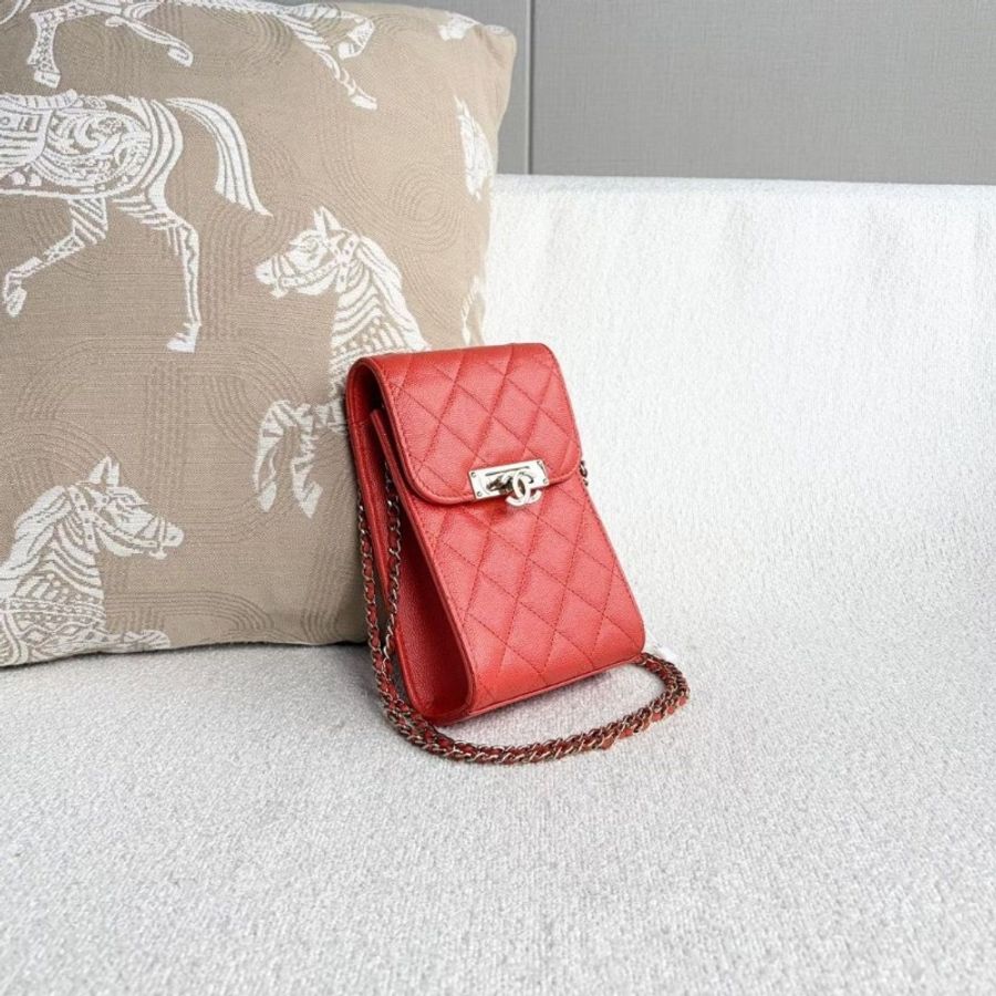 Chanel竪版手機包 橘紅色 金扣 荔枝皮11.5*18*5 9新 保卡塵袋-6