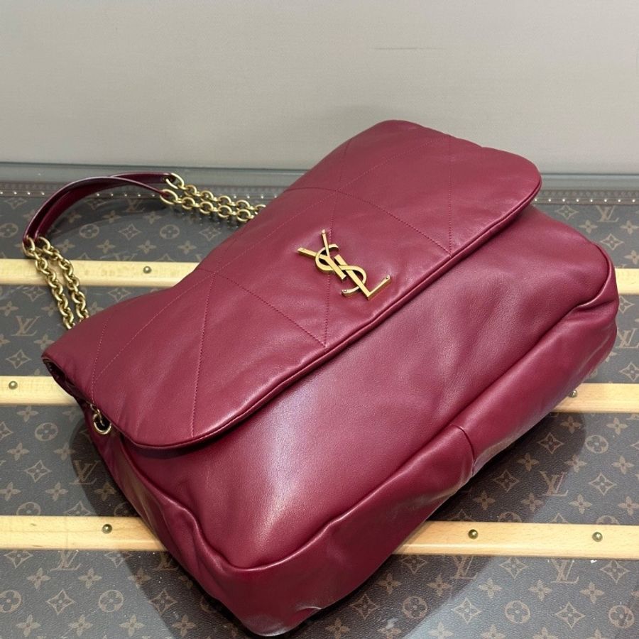 YSL 酒紅色金扣JAMIE 4.3大號羊皮革肩背包40*29*9 全新閒置配件塵袋-5