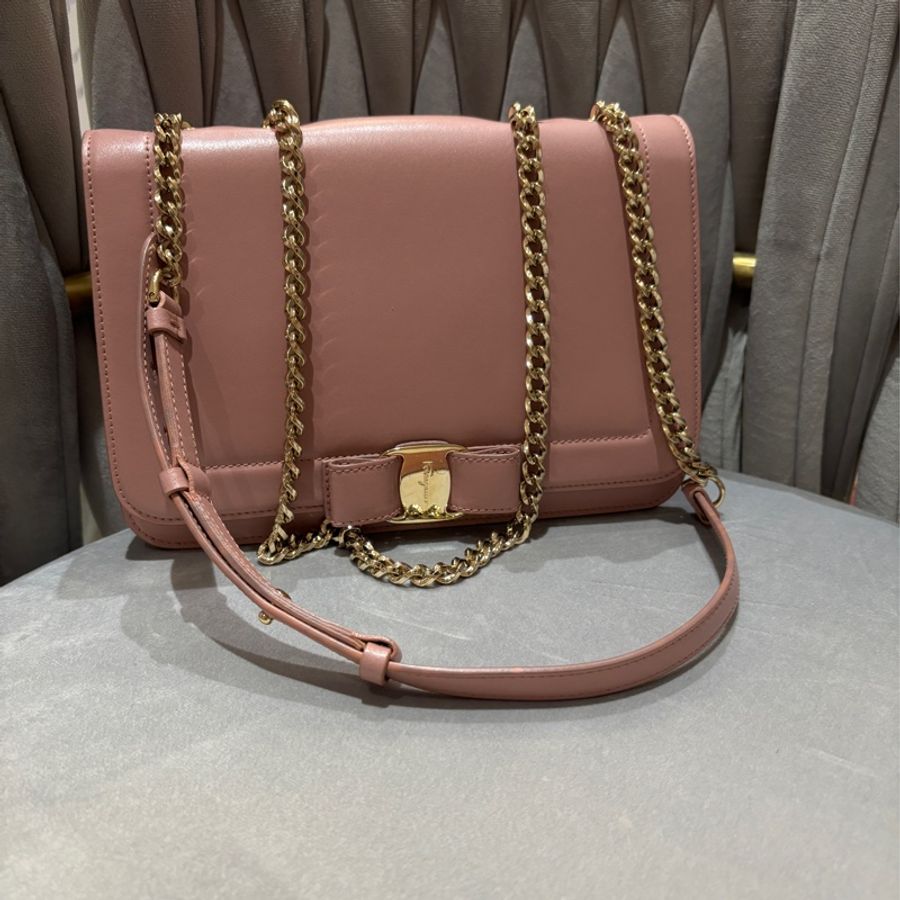 SalvatoreFerragamo,25cm牛皮肩背鍊包乾燥玫瑰粉色,-0