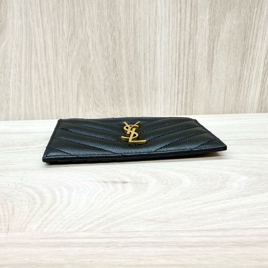 YSL黑金粒紋小牛皮一字拉鍊5卡包607915-4