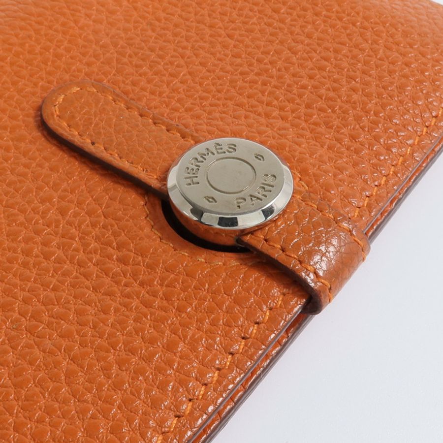 HERMES Togo皮革Dogon Compact銀扣錢包Orange-9