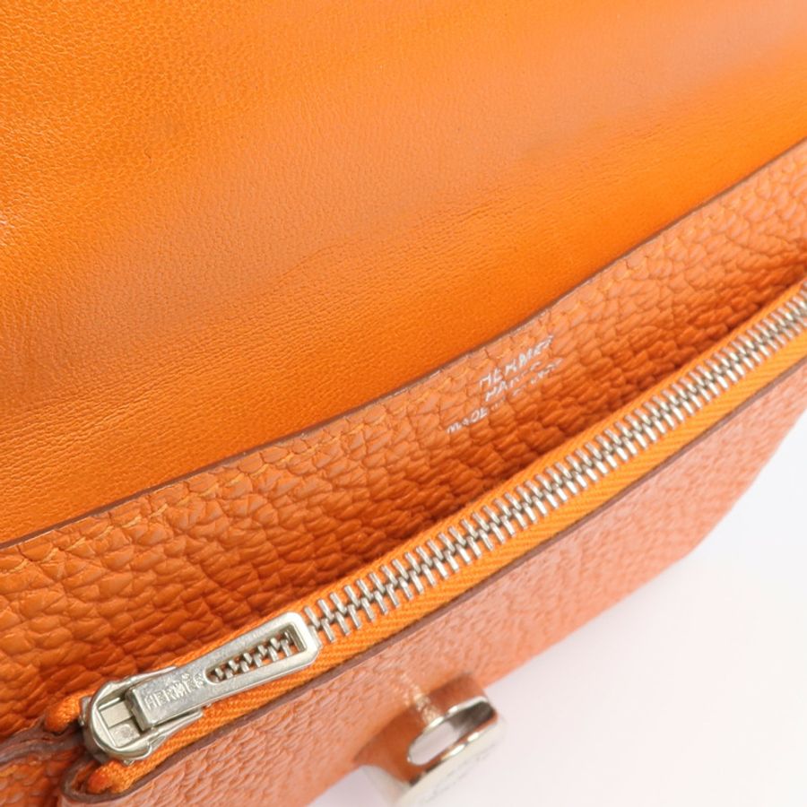 HERMES Togo皮革Dogon Compact銀扣錢包Orange-10