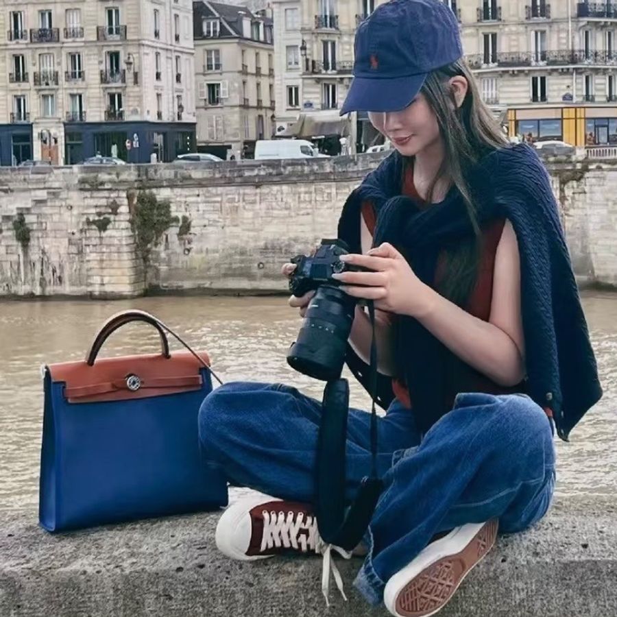 HERMES 帆布拼皮銀扣 herbag31子母手提斜背包31*25*11 98新配件鑰匙鎖塵袋-0