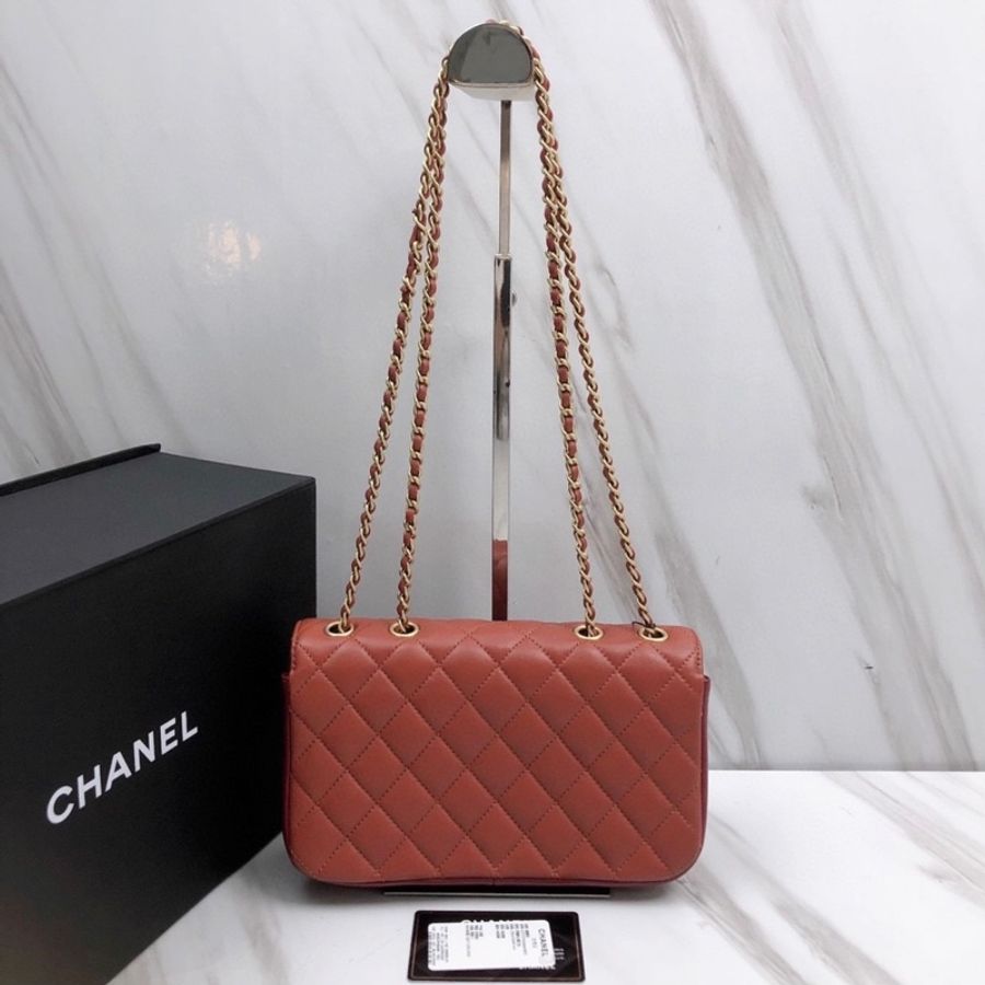 Chanel 香奈兒 紅棕色 雙層雙蓋 大logo鏈條包 口蓋包單肩斜挎包-1