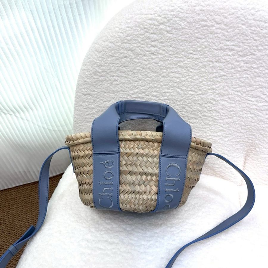 克羅伊CHLOE灰藍色Sense字母刺繡小牛皮拼拉菲草編織包CHC23SS304J66-3