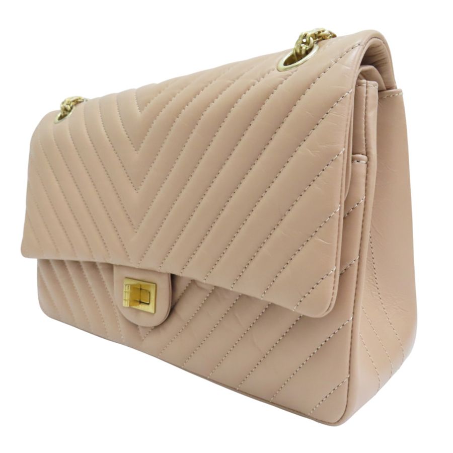 膚色 牛皮 2.55 口蓋包 金釦【CHANEL 香奈兒】 A37587-2