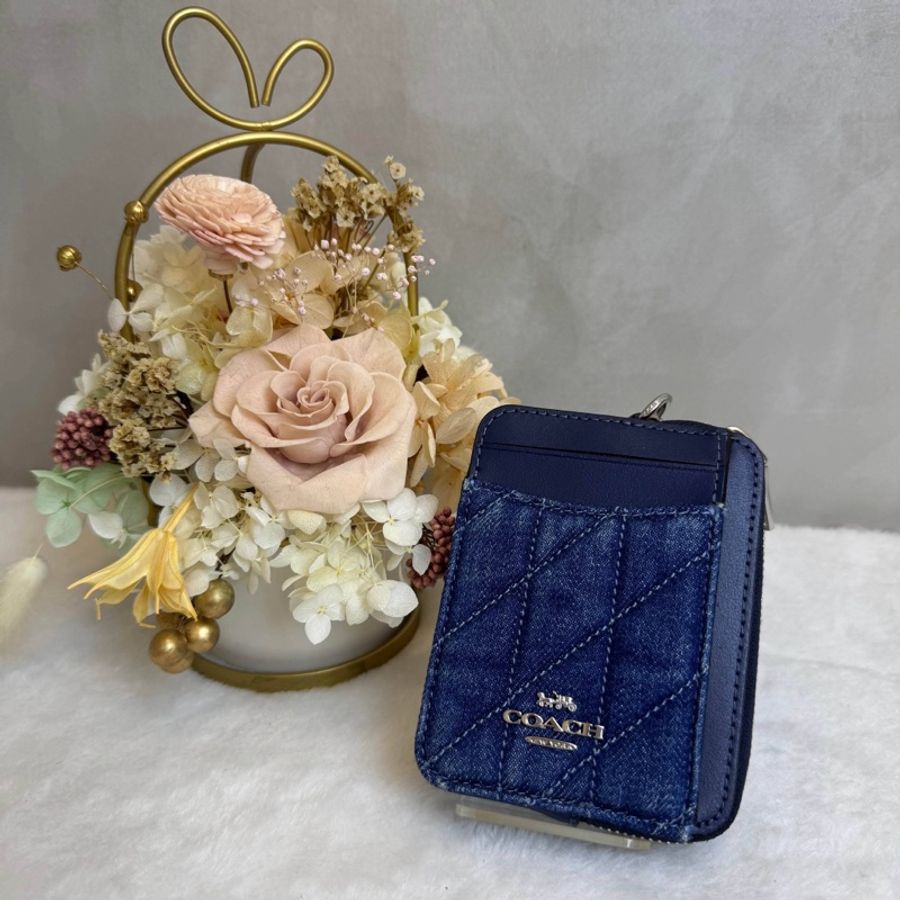 【赫蒂國際精品】 Coach 蔻馳 丹寧藍衍縫拼接皮革鏈帶卡夾零錢包 vintage-0
