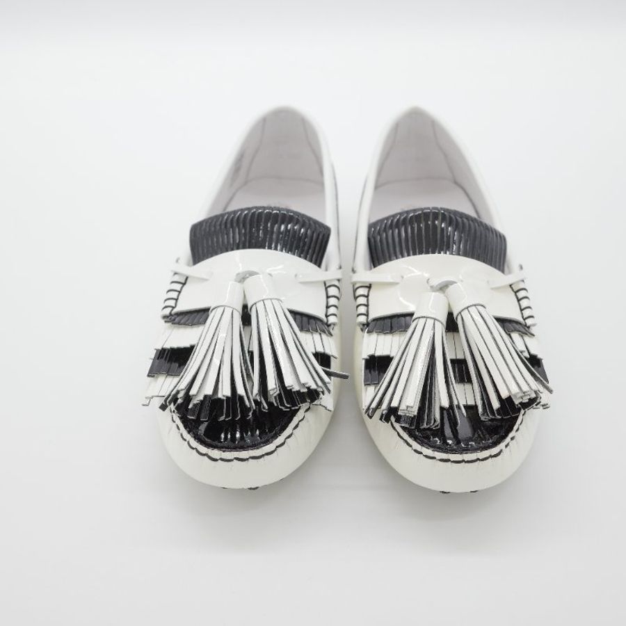 Tod's 托德斯 Gommino 黑白條紋 皮革流蘇 豆豆鞋 EU38-4