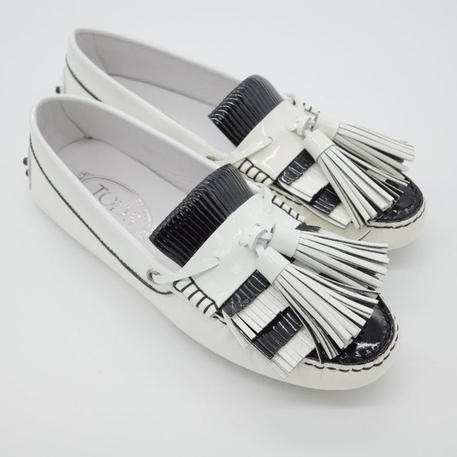 Tod's 托德斯 Gommino 黑白條紋 皮革流蘇 豆豆鞋 EU38-8