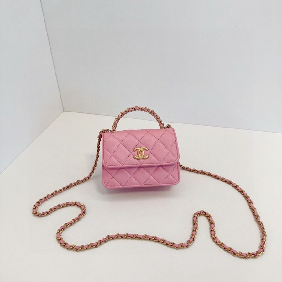 Chanel 22K芯片款 粉色金扣 mini kelly 手柄 小風琴包 手提斜背包 13*10*5.5 99新配件塵袋-1
