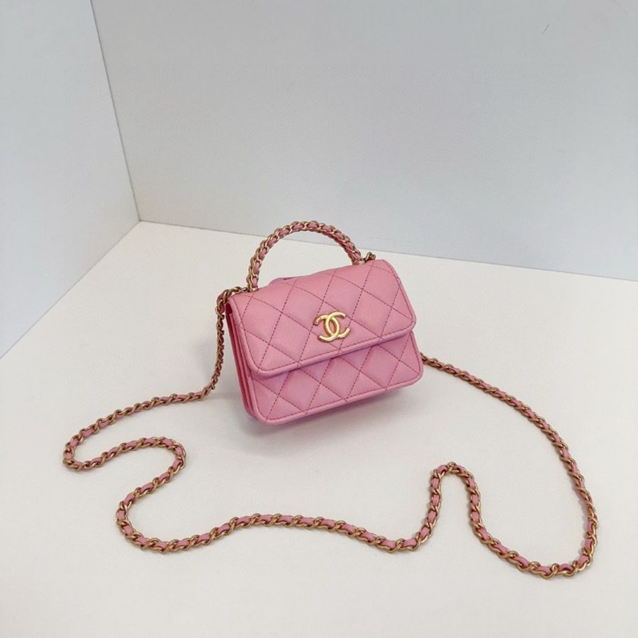Chanel 22K芯片款 粉色金扣 mini kelly 手柄 小風琴包 手提斜背包 13*10*5.5 99新配件塵袋-3
