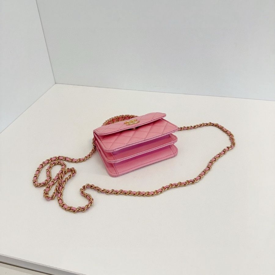 Chanel 22K芯片款 粉色金扣 mini kelly 手柄 小風琴包 手提斜背包 13*10*5.5 99新配件塵袋-4