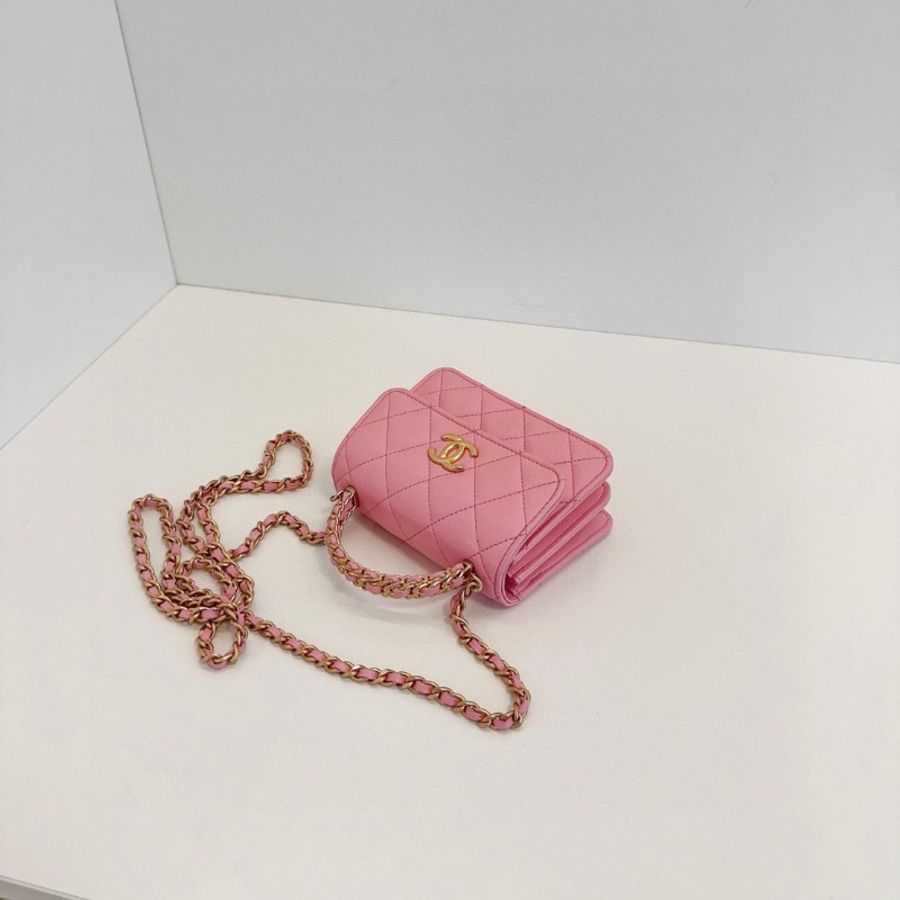Chanel 22K芯片款 粉色金扣 mini kelly 手柄 小風琴包 手提斜背包 13*10*5.5 99新配件塵袋-5