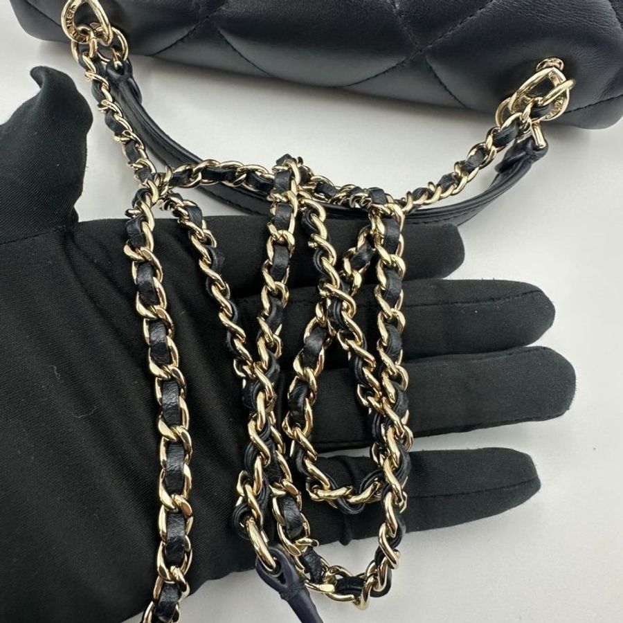 香奈兒/Chanel CF 手柄大Mini Handle 海軍藍菱格紋金扣羊皮 鏈條斜背手提包-14