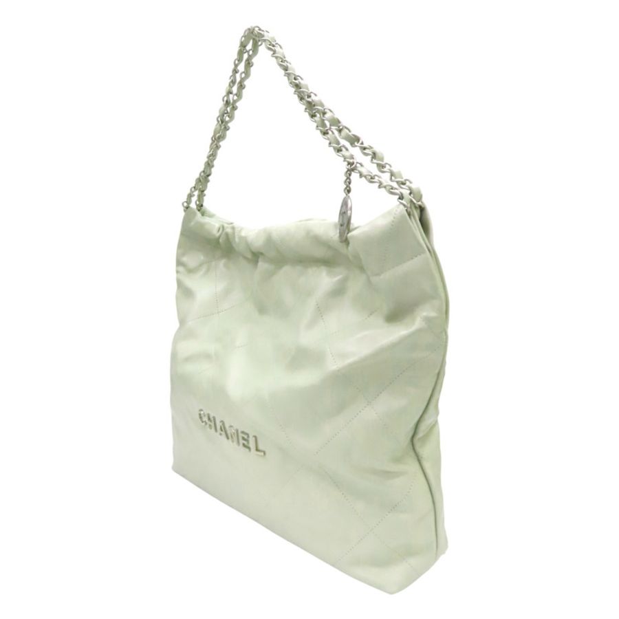 淺綠色 牛皮 CHANEL 22 MEDIUM 鍊帶 肩背包 銀扣【CHANEL 香奈兒】 AS3261-2