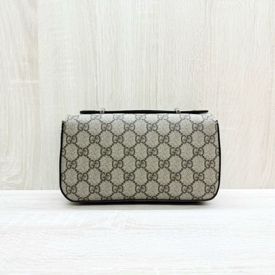 GUCCI原花棕牛皮Petite銀釦雙G橫版迷你郵差包739722-1