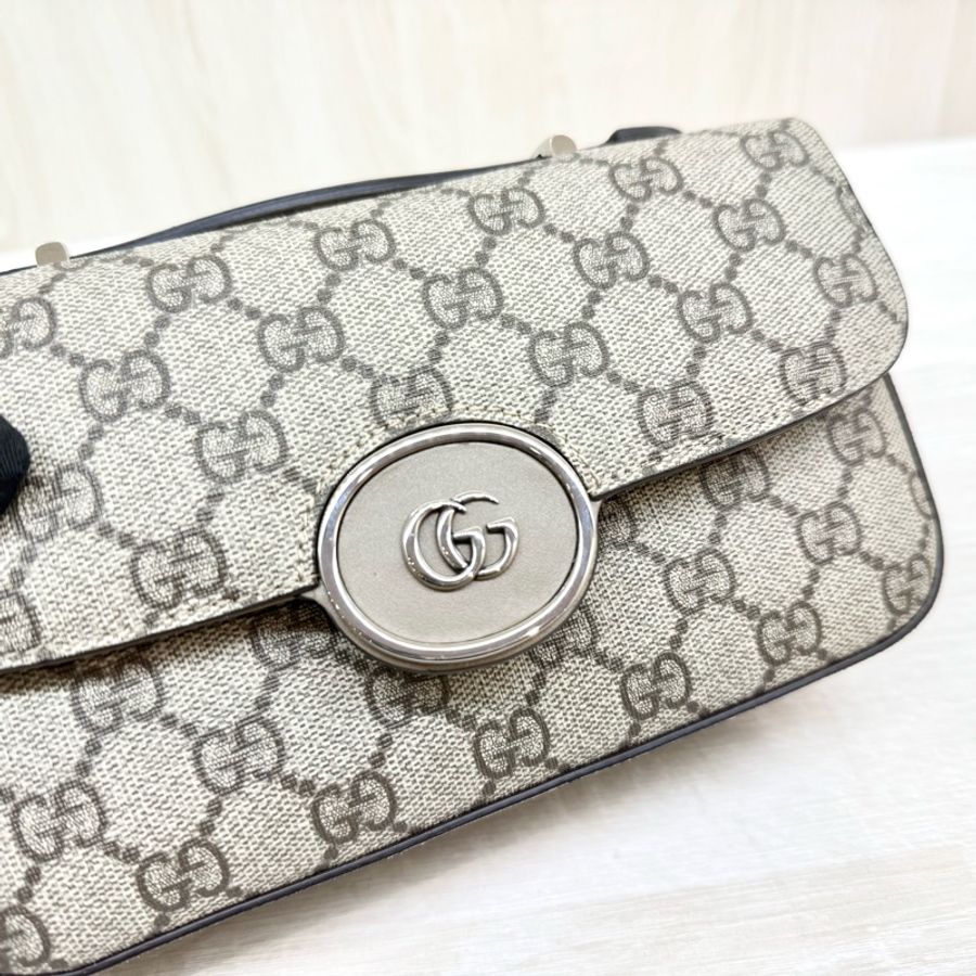 GUCCI原花棕牛皮Petite銀釦雙G橫版迷你郵差包739722-7