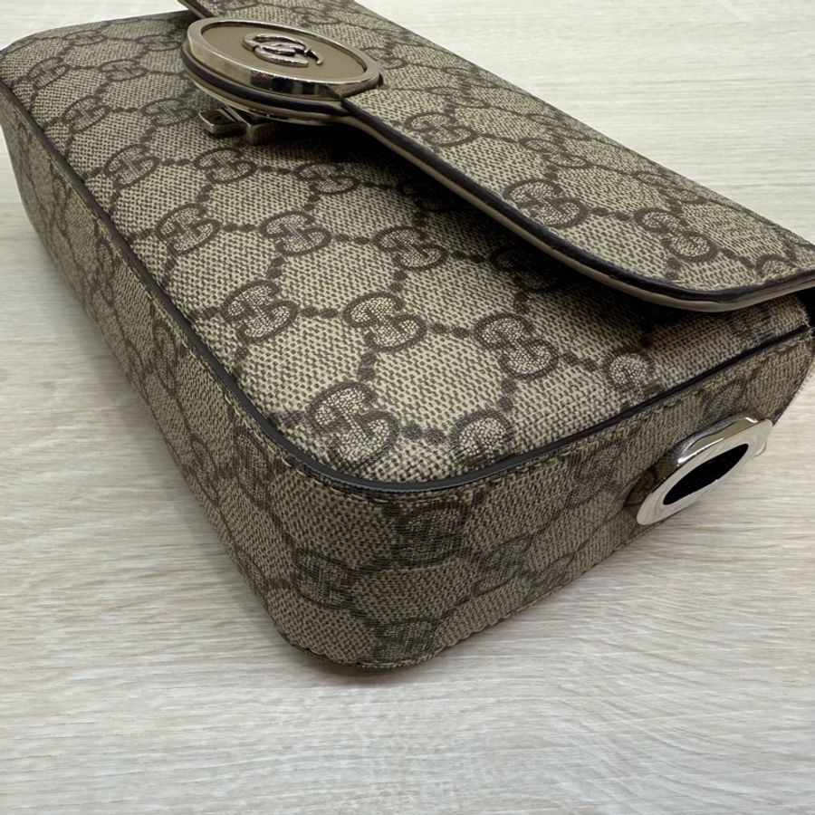 GUCCI原花棕牛皮Petite銀釦雙G橫版迷你郵差包739722-19