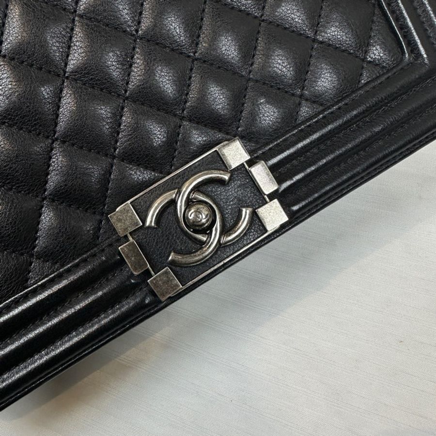 香奈兒/Chanel Leboy 黑色銀扣菱格紋中號牛皮肩背斜背包 25x8x15cm-7