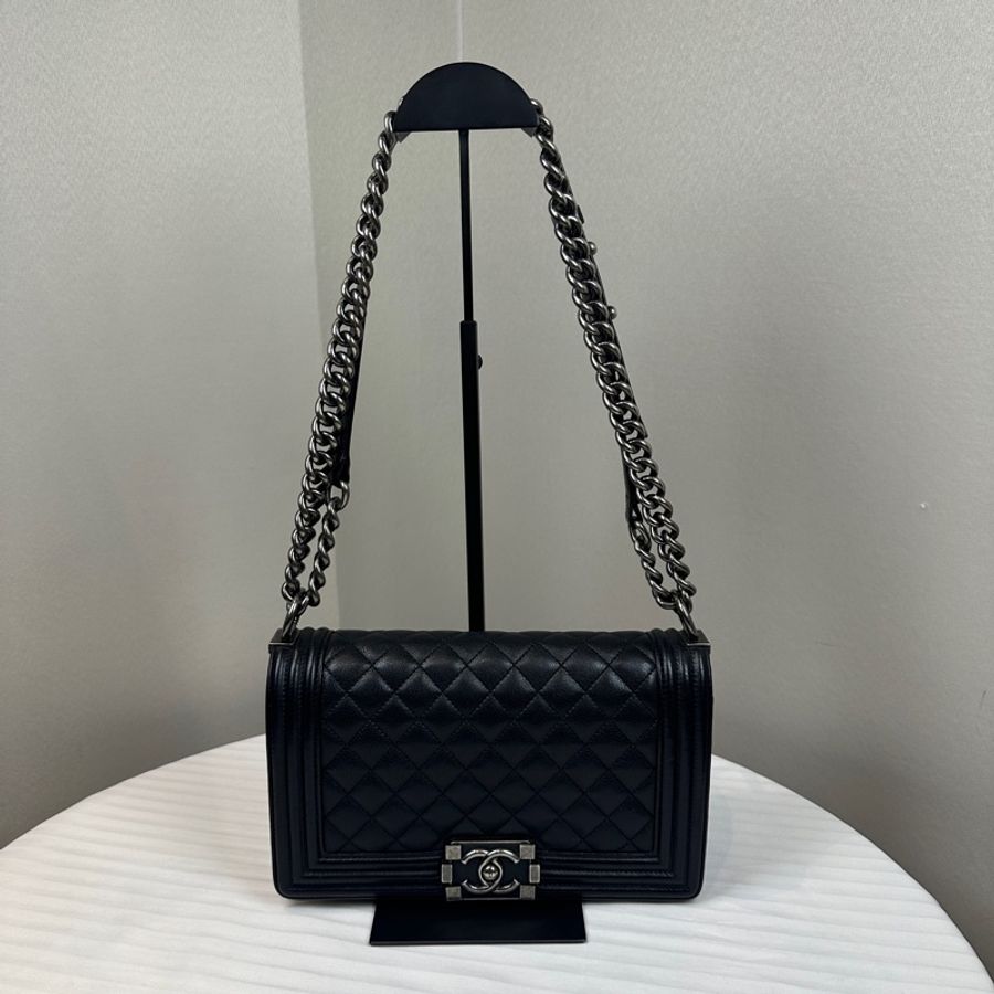 香奈兒/Chanel Leboy 黑色銀扣菱格紋中號牛皮肩背斜背包 25x8x15cm-9