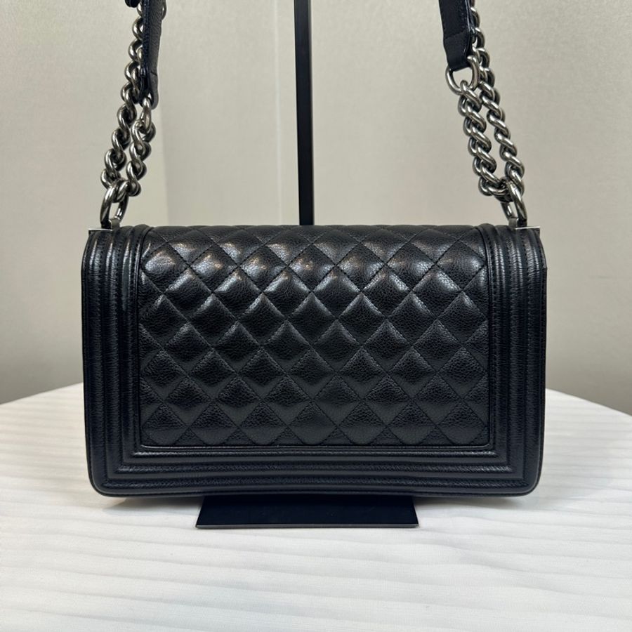 香奈兒/Chanel Leboy 黑色銀扣菱格紋中號牛皮肩背斜背包 25x8x15cm-10